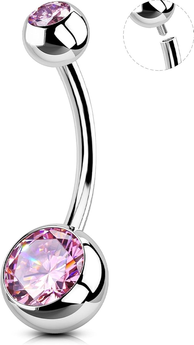 Body Piercing Internally Belly Bars 316L Stainless Steel Belly Button Bars 10/12/14/16mm Navel Bar 14G Belly Button Ring Pink CZ Navel Piercings Jewellery Belly Piercings
