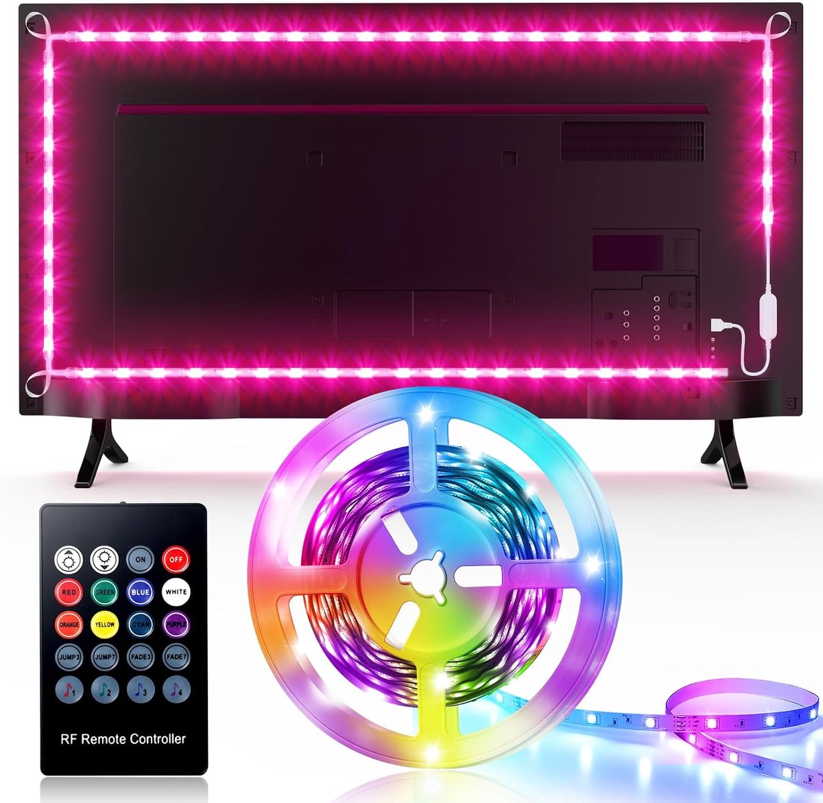 4,4M TV LED-strip, USB TV-achtergrondverlichting, RGB LED-strip voor 65-inch televisies met afstandsbediening, 4 muziekmodi, 8 kleurwisselingen, DIY-decoratie, voor kamers