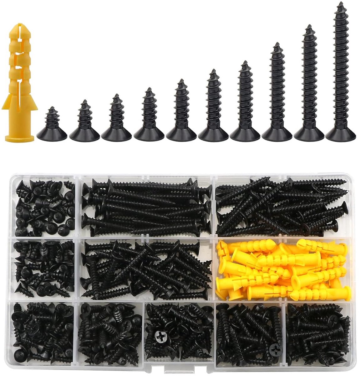 zelftappende schroeven met platte kop, 380 stuks metalen kruiskopschroeven met verzonken kop, assortiment uitbreidingsmuurpluggen, assortiment koolstofstalen zelfborende schroeven