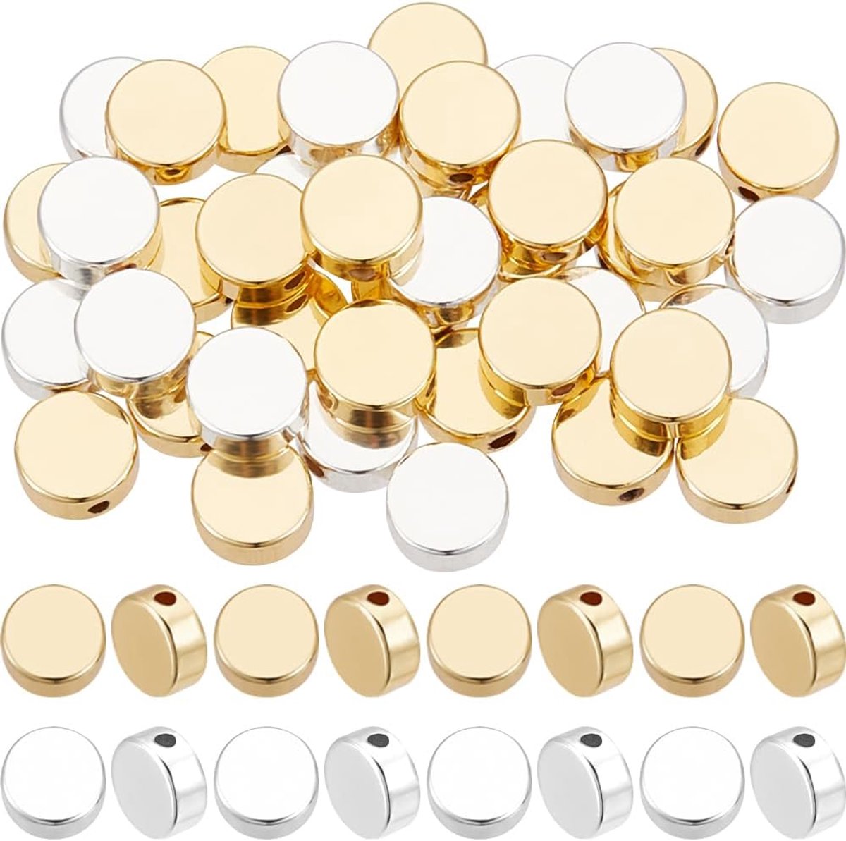 1 doos 50 stuks 2 kleuren schijf munt kralen 18K goud & 925 sterling zilver vergulde platte ronde spacer kralen 6x3mm kleine gladde losse kralen voor armband ketting sieraden maken gat: