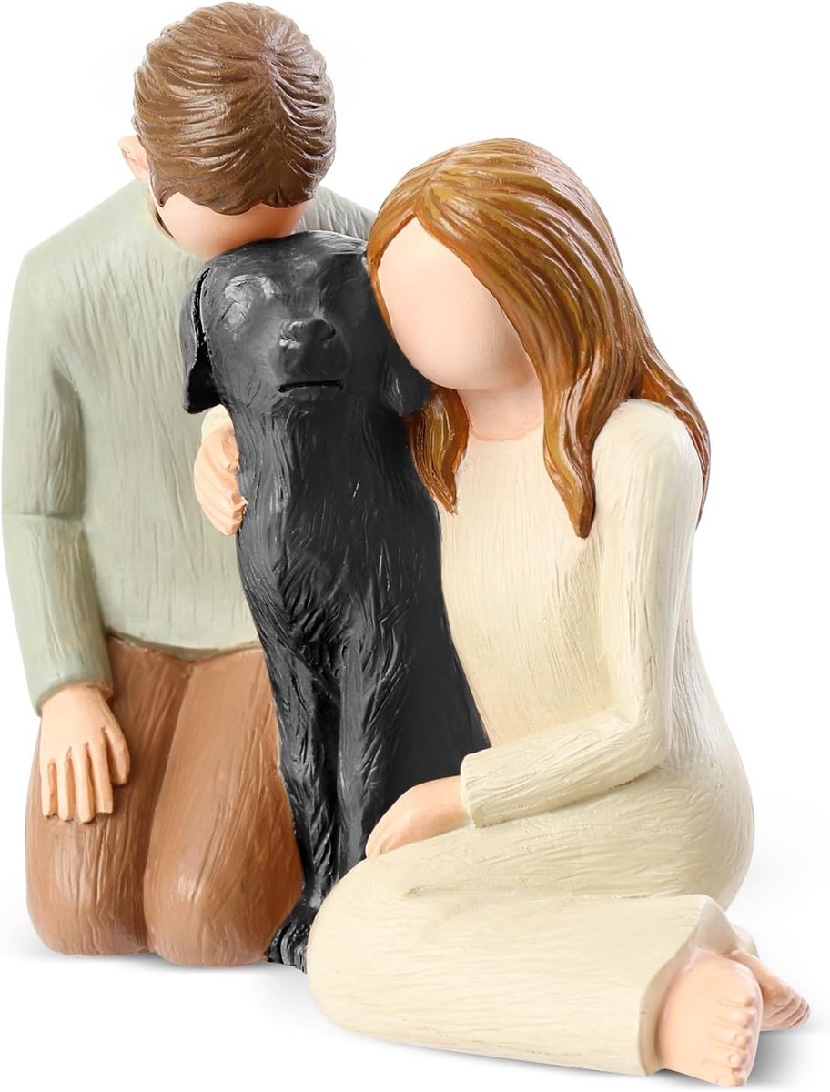 Paar met zwarte hond beeldjes ornamenten, verlies van hond sympathie cadeau, wij zijn een familie zwarte hond gedenktekens standbeelden voor hondenliefhebbers