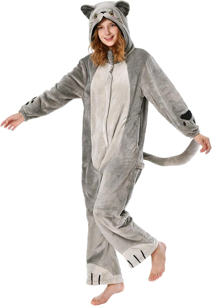 Onesie voor Volwassenen - Dierenkostuum Jumpsuit Zachte Fleece Pyjama Unisex voor Vrouwen en Mannen - Carnaval Kerst Halloween Cosplay (S, Kat)