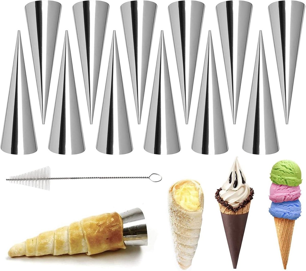 Bakhoorn van roestvrij staal, 12 stuks taartvormen met 1 reinigingsborstel, cannoli-vorm voor croissants, spuitmonden, gebak, cake, broodbakvorm