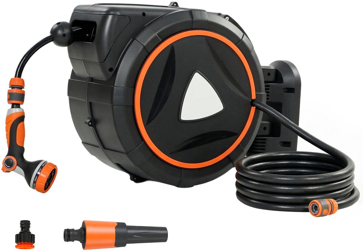 SOGIOL® Wandslangenbox 23 m + 2 m - Tuinslang Met Haspel - Met 12 Sproeistanden - 180° Draaibaar - Zelfoprollend en Draagbaar