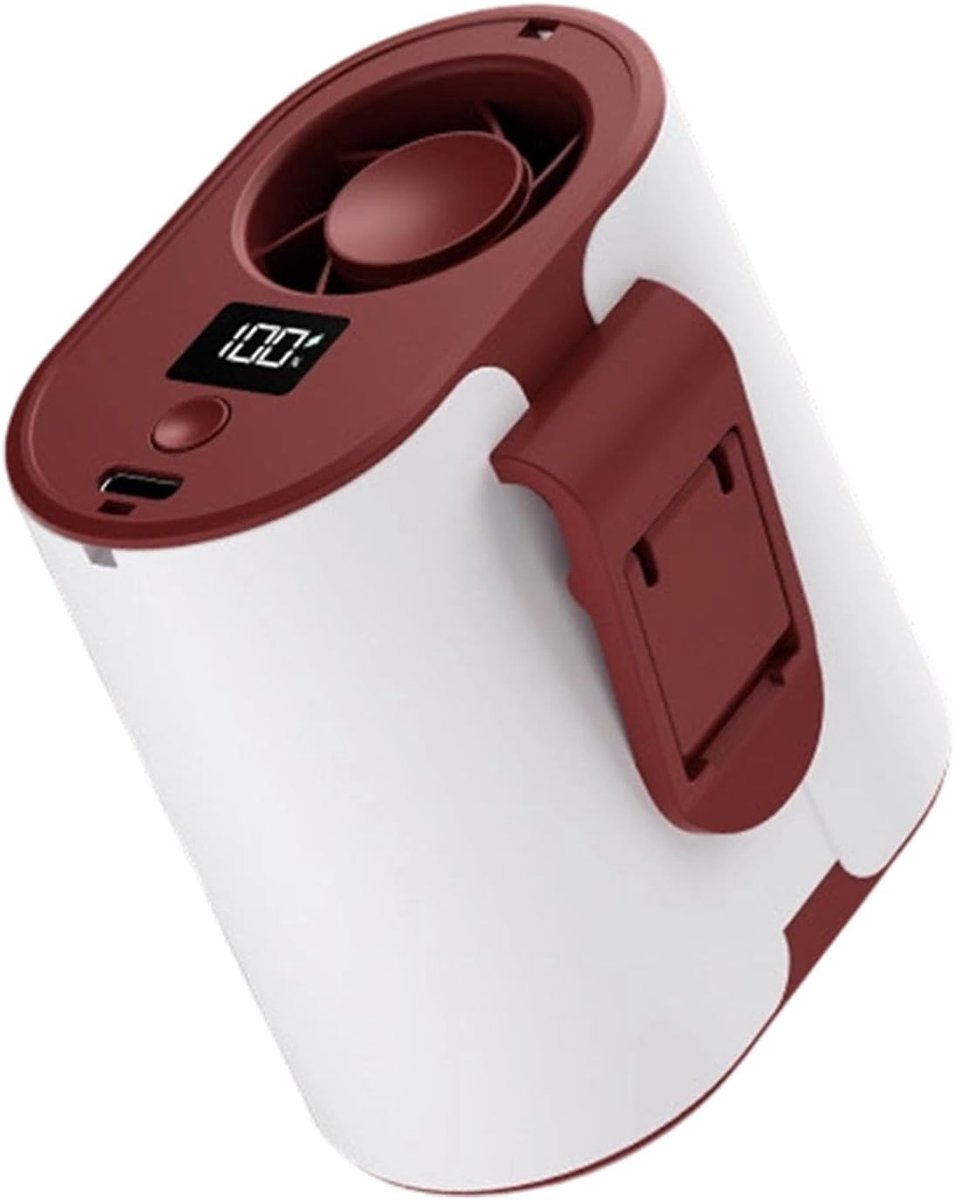 Oplaadbare, draagbare ventilator met clip voor aan de taille, instelbaar in 100 snelheden, voorzien van LED-display voor batterijpercentage; op 4 manieren te gebruiken (handheld, om de nek, als bureauventilator of aan de riem)