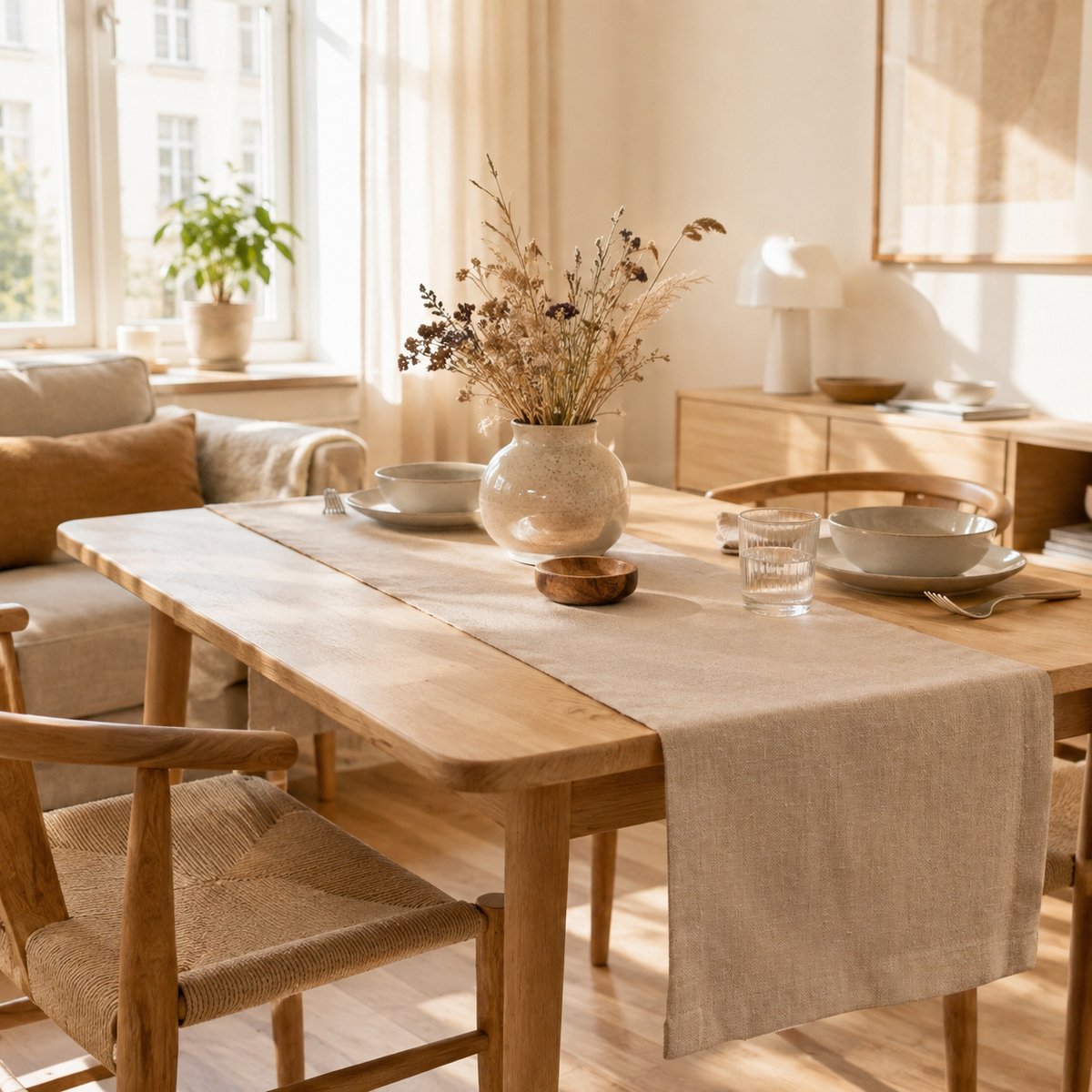 Tafelloper 40x160 cm Beige Linnenlook, Waterafstotend & Machinewasbaar, Moderne Tafeldecoratie