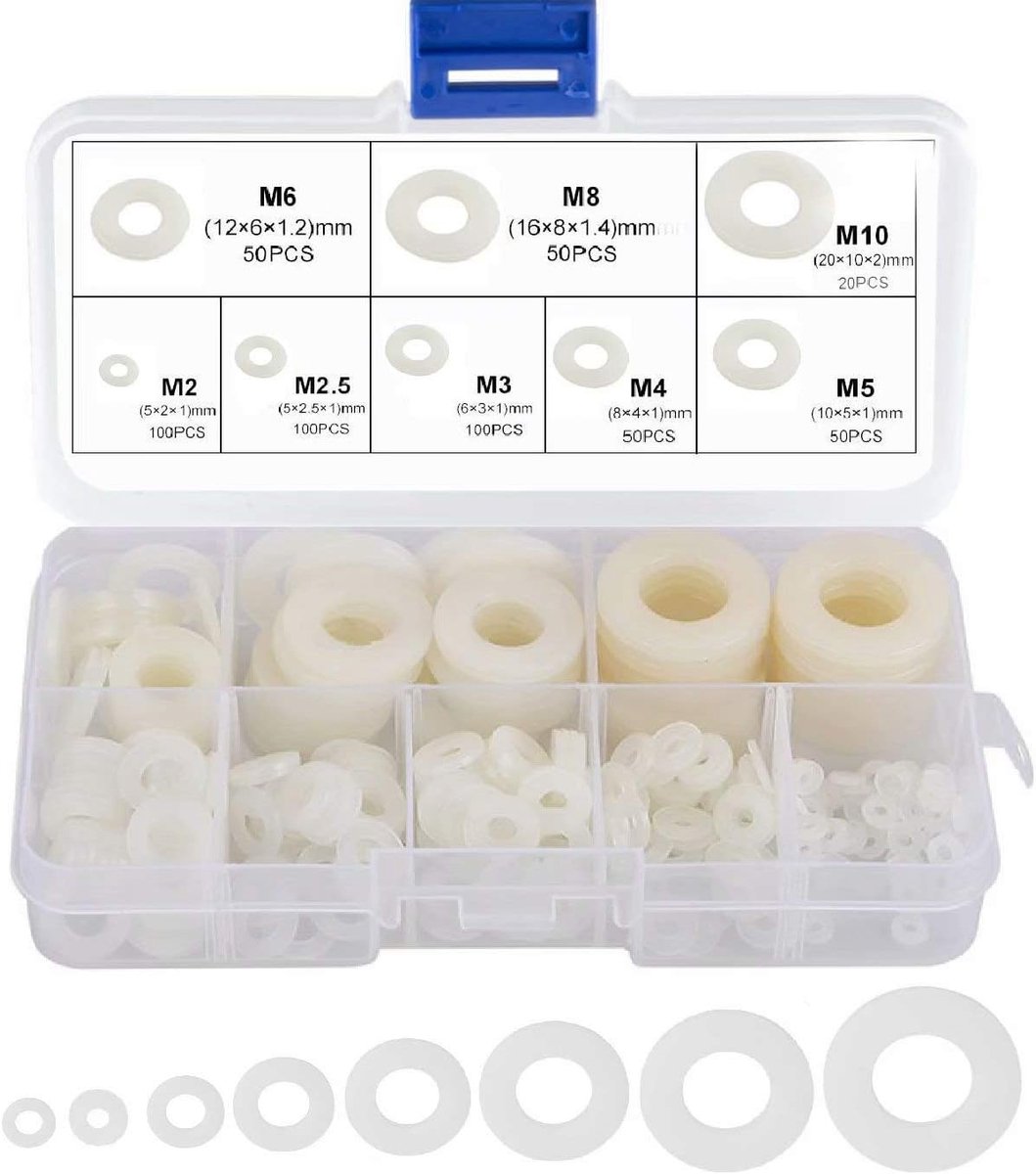 carmdering - 520 Stuks Nylon Sluitringen Set - Kunststof Platte Ringen - M2 t/m M10 - Assortimentsdoos - Isolerende Onderlegringen