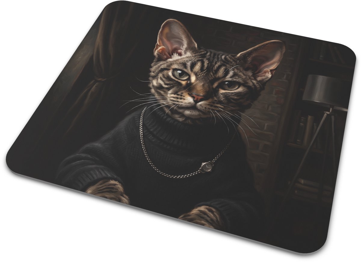 Muismat Devon Rex Kat Felis catus Tech Start-Up Founder Renaissance Olieverf Schilderij Kunst Portret Bureau Accessoire Cadeau Kattenliefhebber Kantoor Werkplek Rechthoekige Muismat 22x20 cm