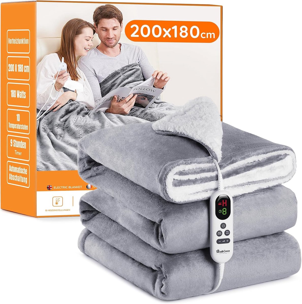 Elektrische Deken XL 200x180cm - Sherpa Fleece - 10 Warmtestanden - Digitaal Display - Voor Tweepersoons - Grijs