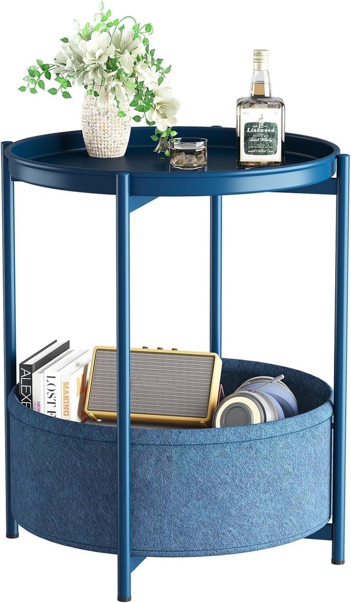 SnelShoppen - Rond Side Table, Kleine Tafel, Metaal Balkon Tafel, 2 Niveaus, Koffietafel met Stoffen Mand, Bedside Table, Woonkamer Tafel, Side Tables