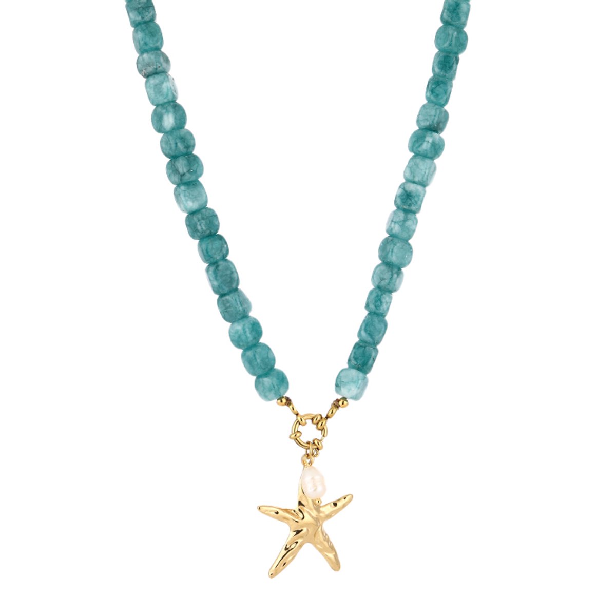 Starfish Charm Square Gemstone Bead Necklace – Kralen Ketting met Zeester – RVS - Blauw