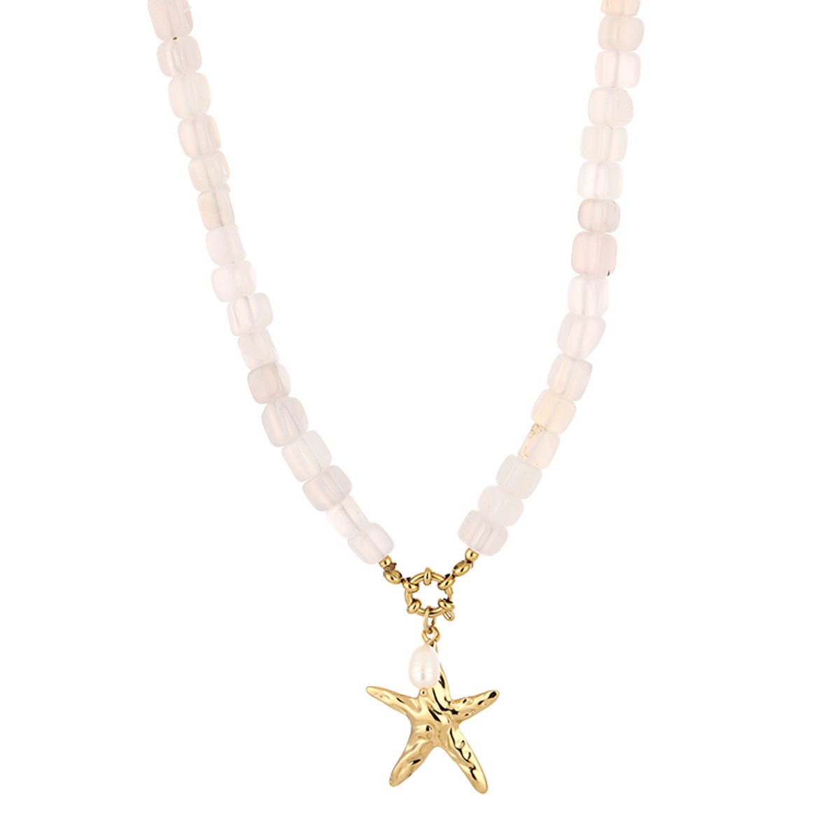 Starfish Charm Square Gemstone Bead Necklace – Kralen Ketting met Zeester – RVS - Wit