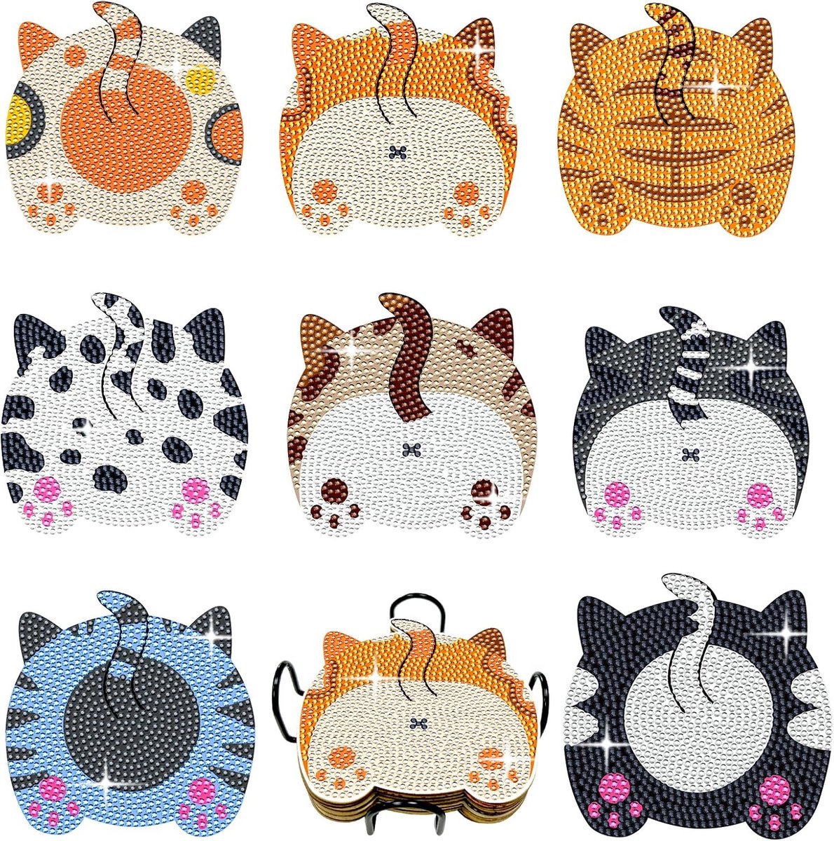 Onderzetters voor Diamantschilderij, 8 Stuks Knutselset Met Kattenpatroon, Diamond Painting Onderzetters Set met Houder, Doe-het-zelf Onderzetters voor Diamantkunst, Verjaardagscadeau