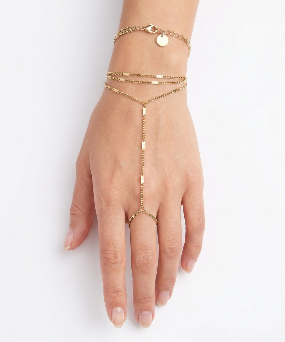 Hand Armband met Vingerring - Roestvrij Staal (RVS) - Fijnmazige Handketting met Platte Schakels - Slave Bracelet / Finger Chain - Sieraden Cadeau Vrouw - Goud