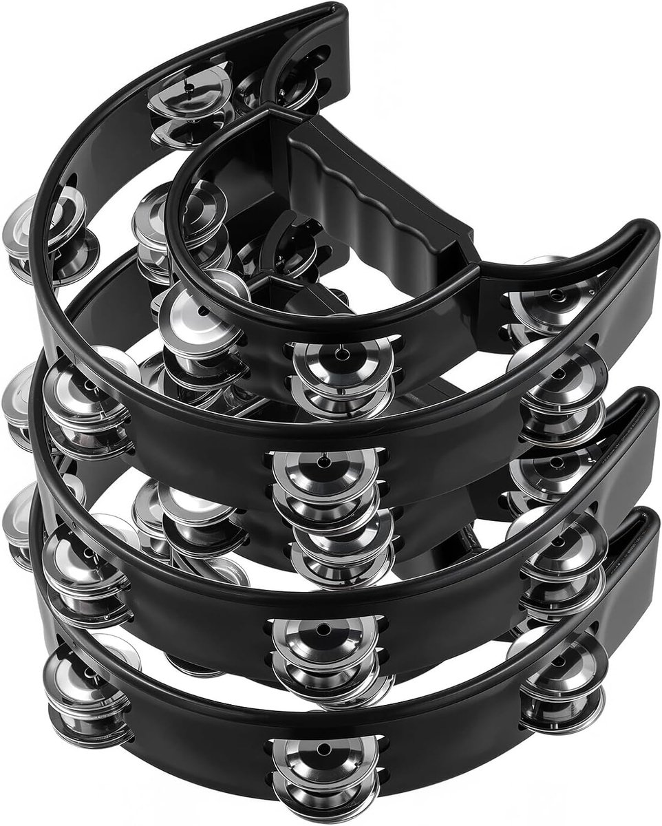 3 stuks tamboerijn kunststof met 20 paar metalen klemmen, halve maan vorm klemring met handgreep, dubbele rij percussie-instrument voor feestjes, karaoke en bar, zwart