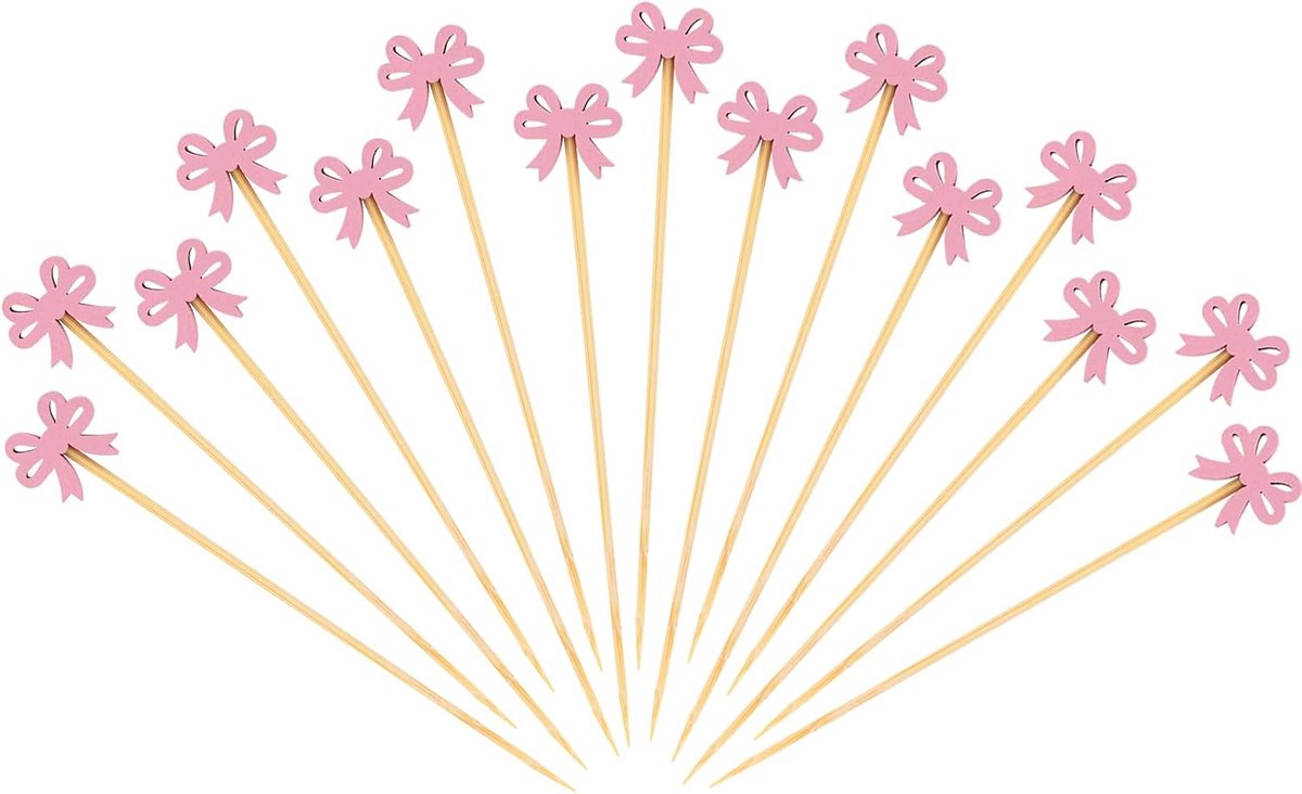 100st Roze Strik Cocktailprikkers, 12,5cm Coquette Tandenstokers Houten Roerstaafjes Voedsel Strik Cocktail Topper Voorgerechtprikkers voor Drankjes Dessert Vrijgezellenfeest Benodigdheden