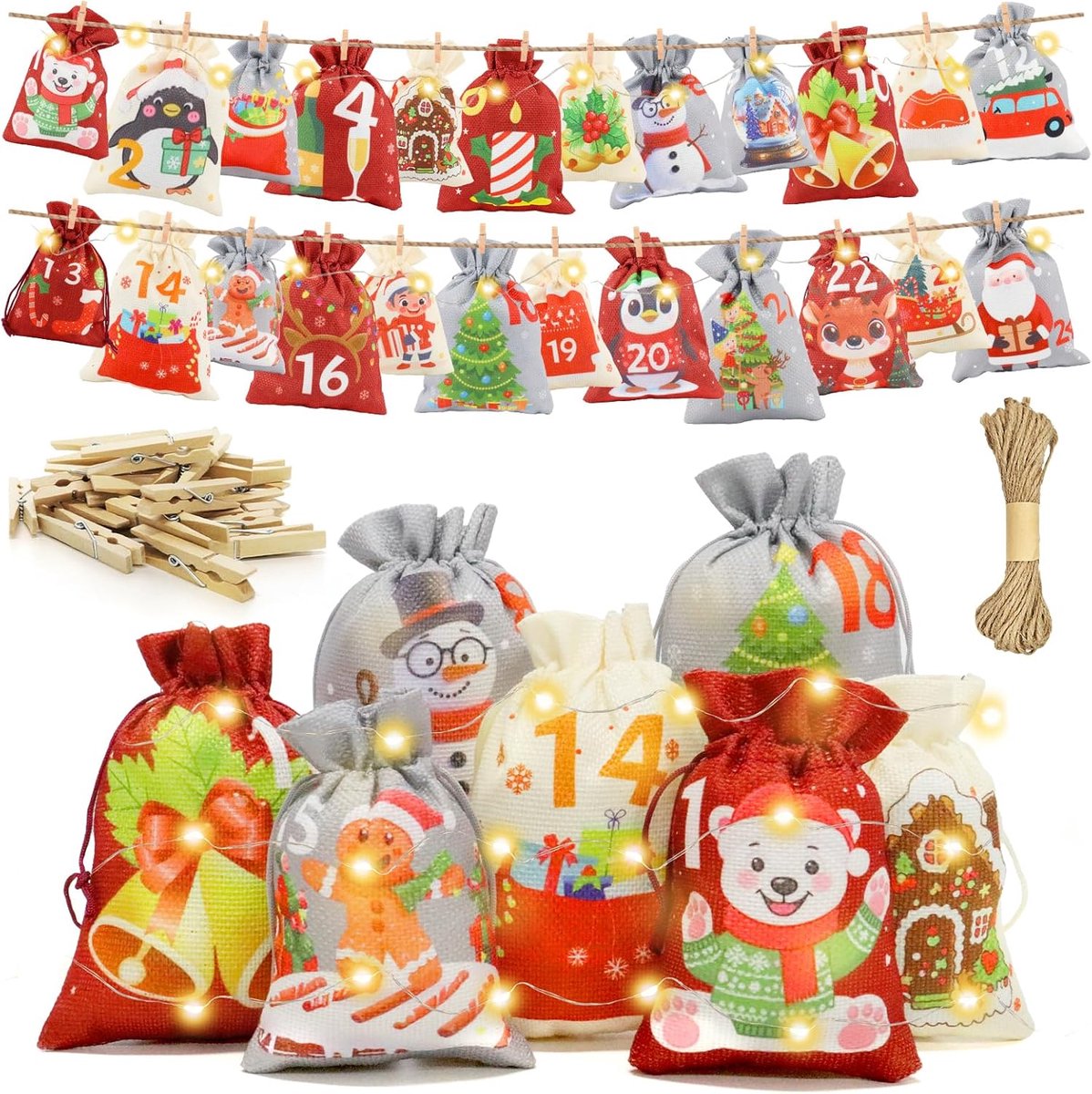 zakjes om te vullen, 24 kerstkalender om te vullen, adventszakjes, stoffen zakjes, 2 maten, adventskalender, zakjes, kerstdecoratie, doe-het-zelf, 2025, kinderen