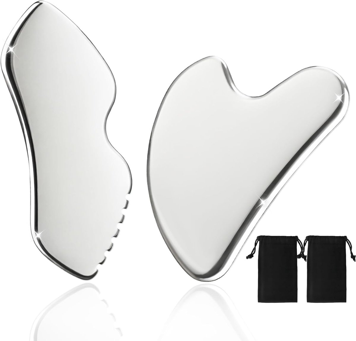 Sha Gezichtsgereedschap van roestvrij staal, lymfedrainage, massageschraper, gua sha schraper met opbergtas, voor gezicht, ogen, nek, lichaam, 2 stuks