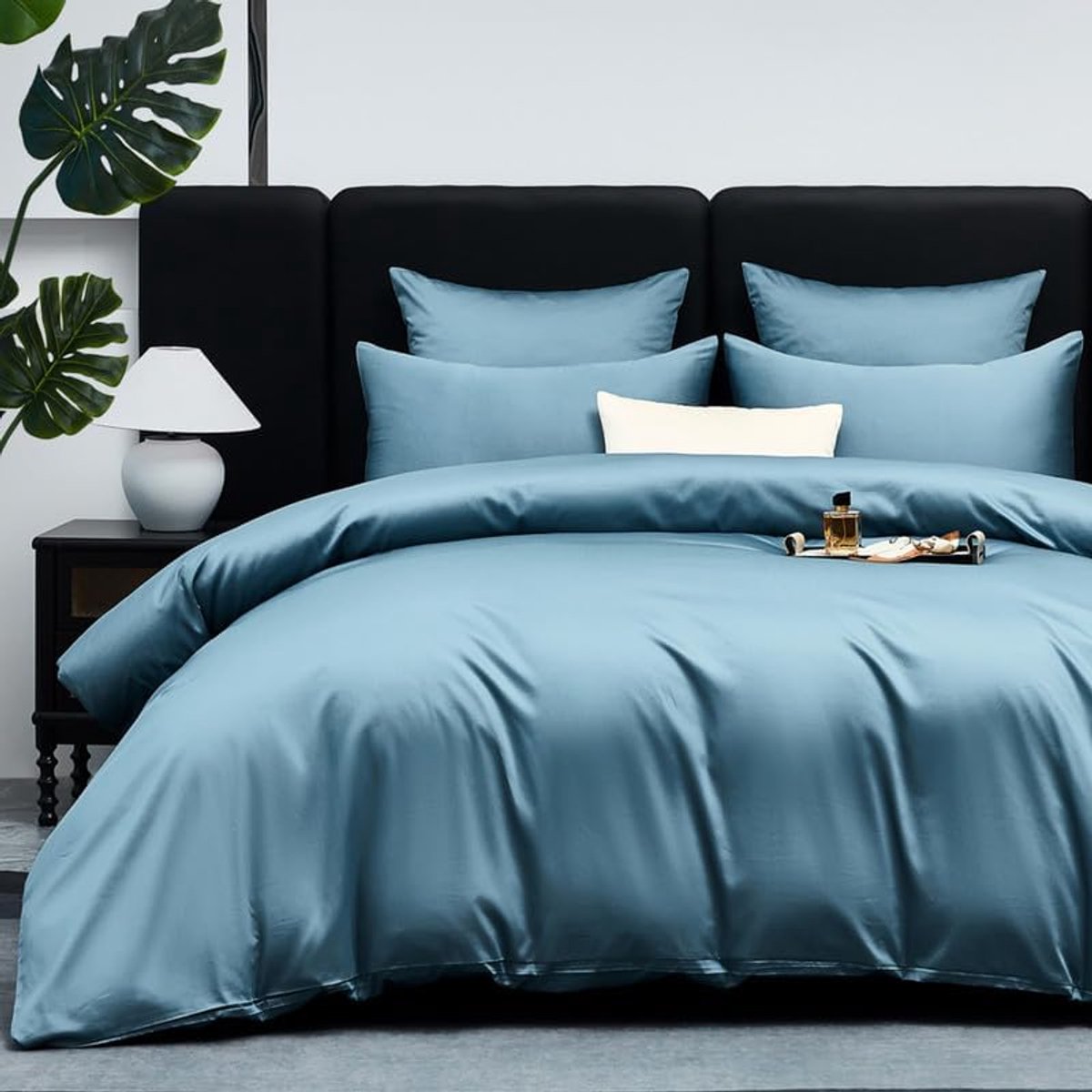 Beddengoed, 200 x 220 cm, mako-satijn, katoensatijn, beddengoedset, blauw, petrol, 100% katoen, 3-delig, katoen, ademend, zacht, fijn dekbedovertrek 200 x 220 cm en kussensloop 80 x 80 cm met