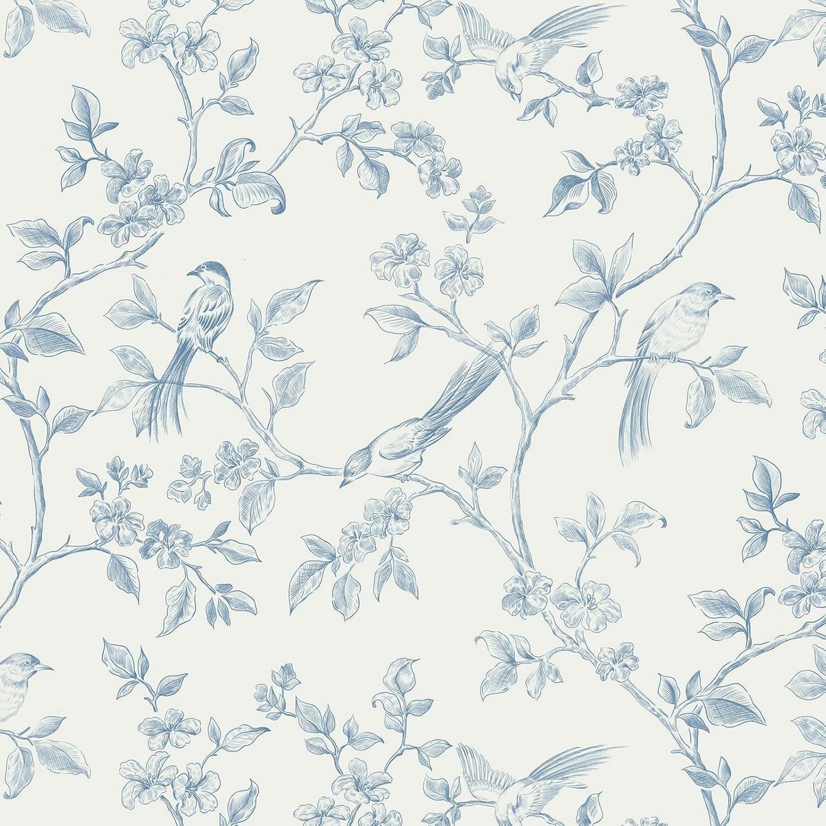 Behang, blauw, 41 x 600 cm, meubelfolie, bloemen en vogels, wandbehang, afneembaar, vinyl, plakfolie, waterdicht, decoratieve folie, voor woonkamer, slaapkamer