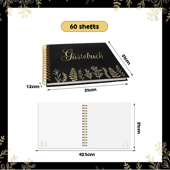 Gastenboek, zwart/goud, 42,5 x 21 cm, eucalyptus, herinneringsboek, bruiloft, herinnering, album, huwelijkscadeau voor bruiloften, jubilea, verjaardagen, vrijgezellenfeest, jeugdwijding (60 — afbeelding 5