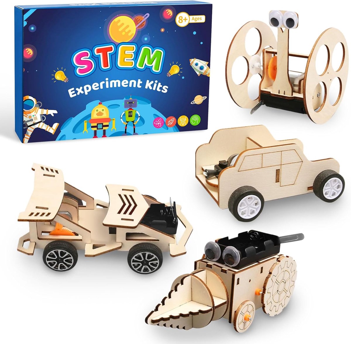 Set van 4 elektronische experimenten voor kinderen, bouwset | STEM DIY Wetenschappelijk speelgoed van hout, 3D-puzzel, experimenteerdoos, cadeau voor jongens, meisjes, tieners