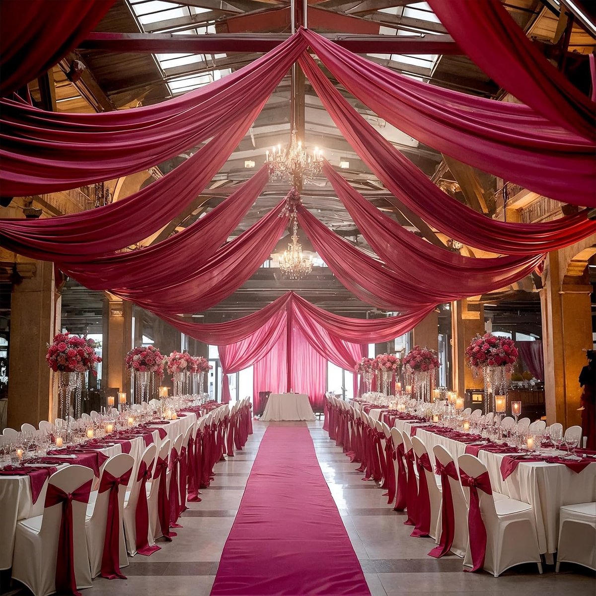 Hangende plafondrok, chiffon mantel, bruiloftsgordijnkap, podiumdecoratie, chiffon gordijnen (wijnrood, 10 m x 0,73 m)