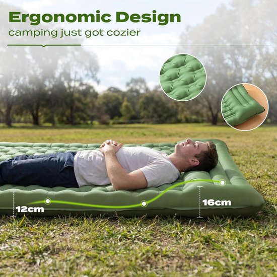 Campingslaapmat met Kussen, Waterdicht en scheurbestendig 50D nylon XXL Luchtmatras met ingebouwde voetpomp, Olijfgroen, 196x135x12cm — afbeelding 2