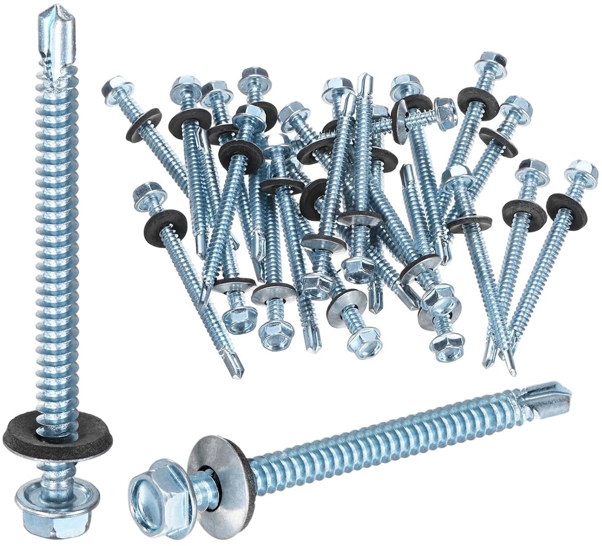 Zelfborende schroeven met rubberen afdichting, M6,3 x 75 mm, verzinkt koolstofstaal, zeskantige kop, metalen bouwschroeven voor metalen daken, wandbekleding, staalconstructies