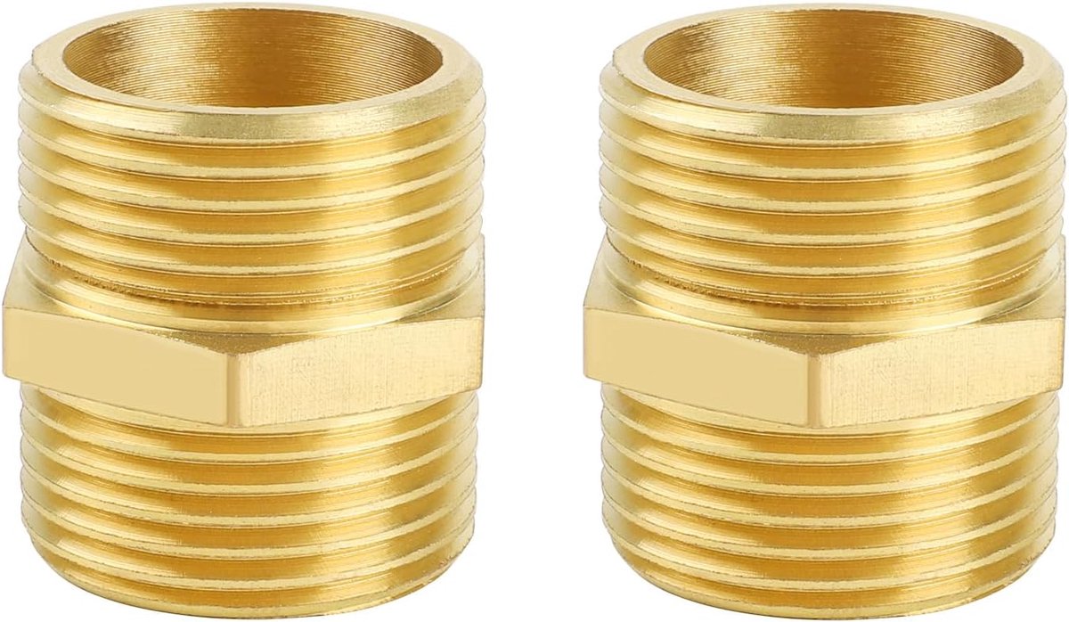 PRO Dubbele nippel G1 inch (Ø 32,5 mm) messing buitendraad, 2 stuks dubbele nippels zeskant verbindingsstuk, met PTFE-afdichtband, dubbele nippel messing fittingen geschikt voor drinkwater
