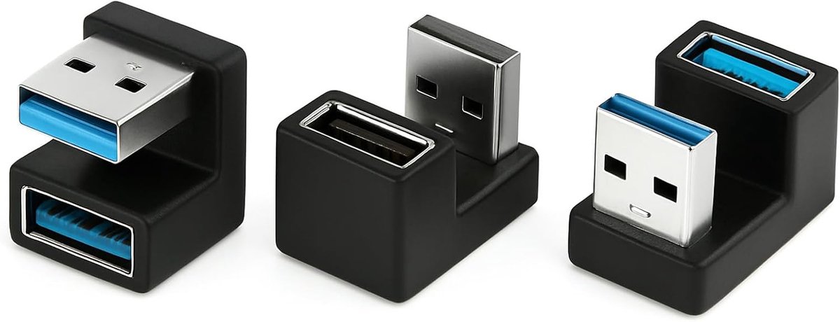 3 stuks USB 3.1 U-vormige hoekadapters, 10 Gbit/s, USB A-stekker naar bus, 180 graden aansluiting, gegevensoverdrachtssnelheid 10 Gbit/s, snel opladen 5 V/3 A, compatibel met pc, tablet, laptop en