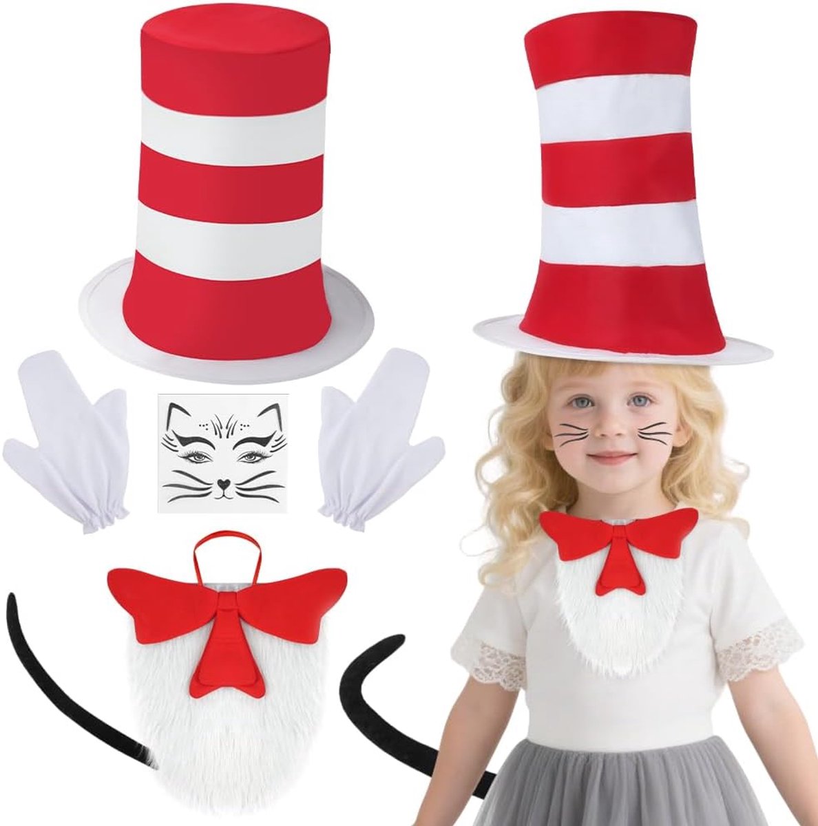 Kattenkostuum voor kinderen, gekke kat, The Cat In The Hat kostuum, set Grinch kattenkostuum voor kinderen, gestreept, rode hoed, rode vlinderdas, witte handschoenen, kattenstaart-B
