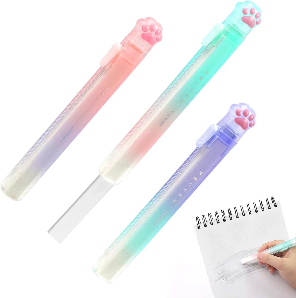 gum, 3 stuks, kattenpootjes, gum | Grappige gum met kleurverloop, kawaii-gum, kat, voor school, kantoor en thuis