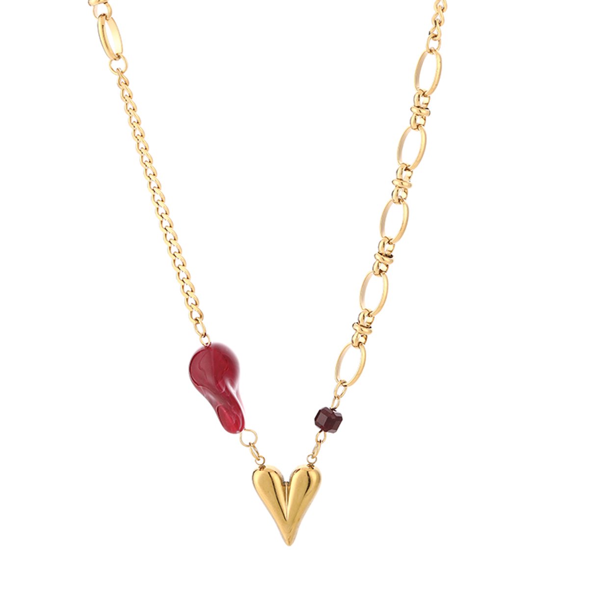 Handmade Artisanal Heart & Natural Stone Asymmetrical Necklace – Luxe Hartje Ketting Handmade – RVS - Bordeaux
