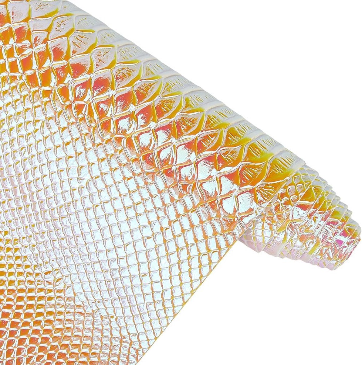 Stof met spiegeleffect, 135 x 30 cm, kunstlederen platen met gouden slangenhuidreliëf, holografische kunstlederen rollen met textuur
