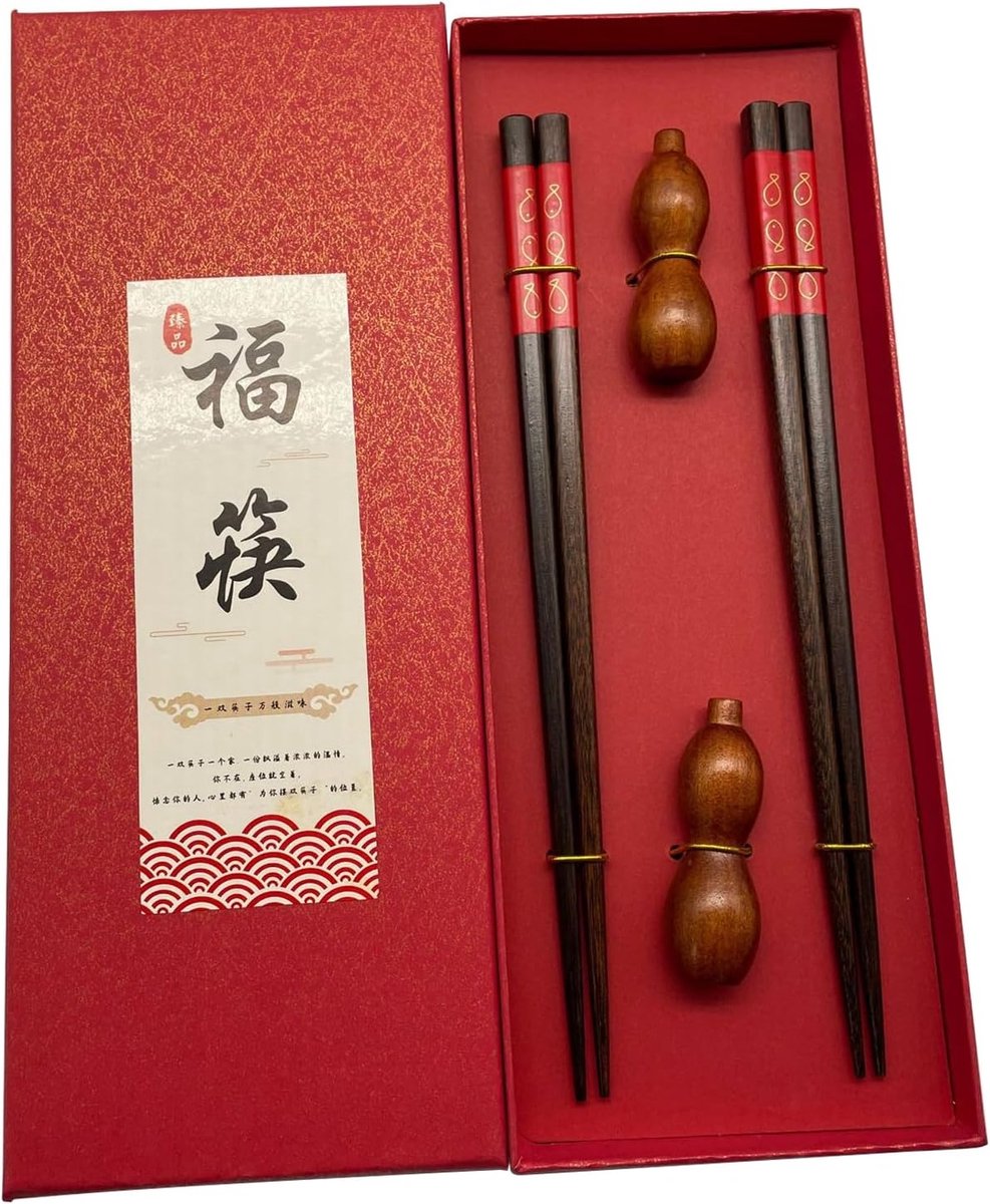 Eetstokjes, Japanse Stick Geschenkset met Geschenkdoos, Huishouden Restaurant Houten Eetstokjes Met 5 Houder(Jade Konijn) (Rood)