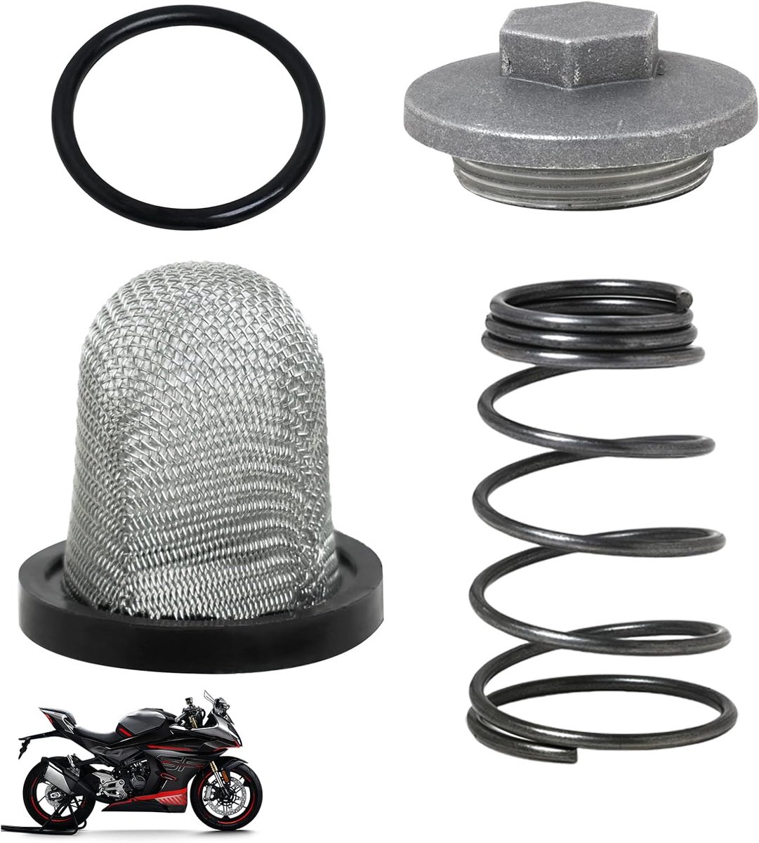 Scooter Olie Afvoerdop Set, Olie Afvoerdop Motor, Torische Ring + Filter + Veer, voor 50-150cc GY6 Motor Accessoiresset
