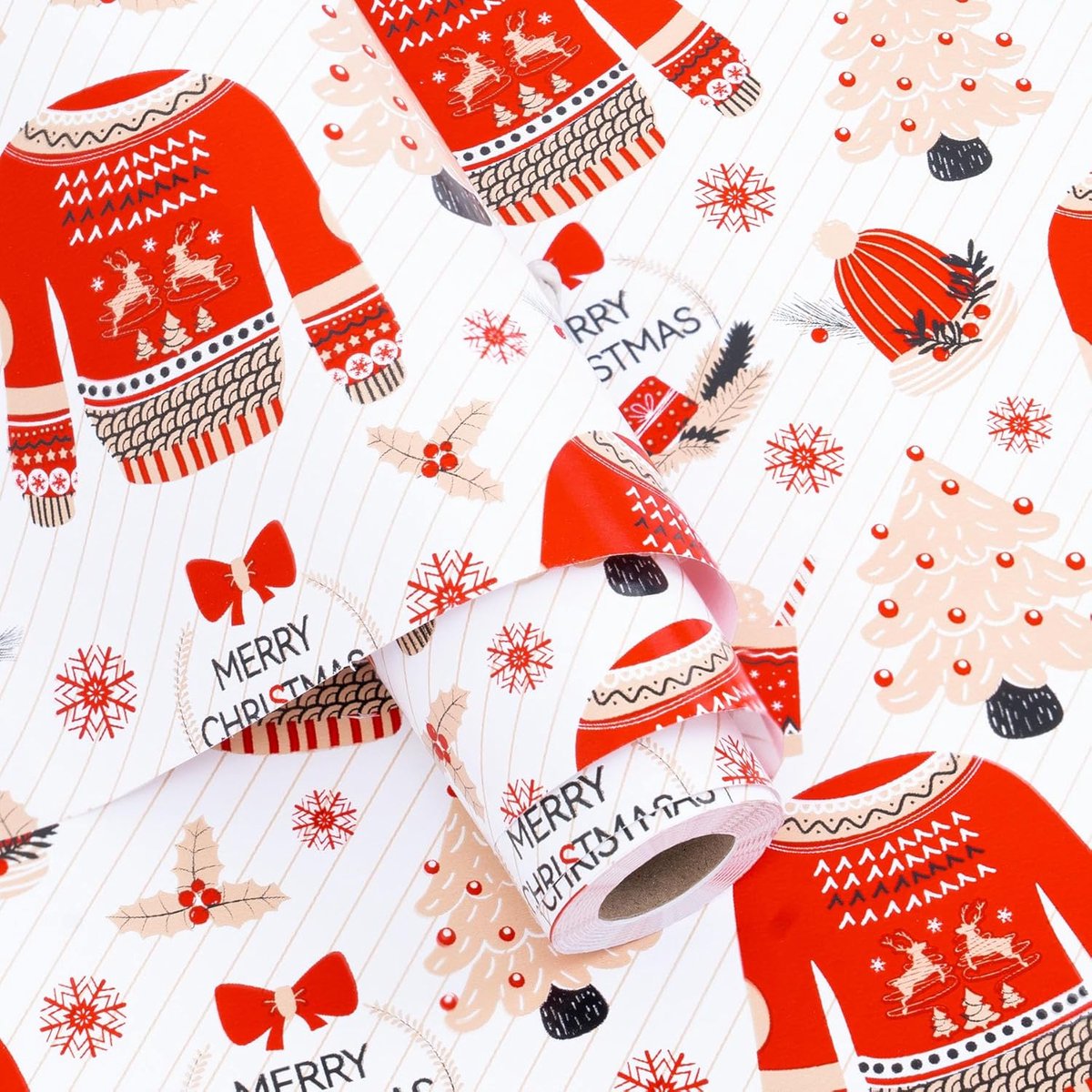 Cadeaupapier kerstrollen, 10 m x 43 cm, wintertrui, geschenkverpakking, Kerstmis met kerstboommotief, rood-wit, gepersonaliseerd cadeaupapier voor kinderen voor nieuwjaar verjaardag