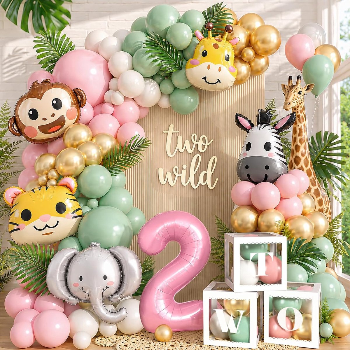 Verjaardagsdecoratie 2 Jaar Meisjes, 137 stuks jungle-decoratie voor de 2e verjaardag van meisjes, met ballondoos, folieballonnen, safari-ballonslinger voor de tweede verjaardag van kinderen