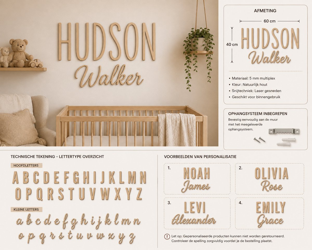 Gepersonaliseerde Houten Naam Muurdecoratie Babykamer – 60 x 40 cm – 5 mm Multiplex – Naambord Kinderkamer – Natuurlijk Hout/ baby