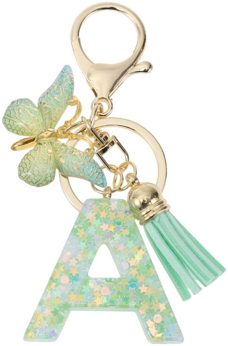 Sleutelhanger met letter A - Vlinder/Sleutelhanger - Cadeau voor Vrouwen - Lichtgroen - Duurzaam Hars - Totale Lengte 9,3 cm