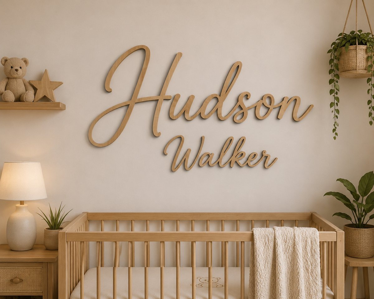 Gepersonaliseerde Houten Naam Muurdecoratie Babykamer – 60 x 40 cm – Elegante Voornaam & Achternaam – 5 mm Multiplex – Natuurlijk Hout/ baby
