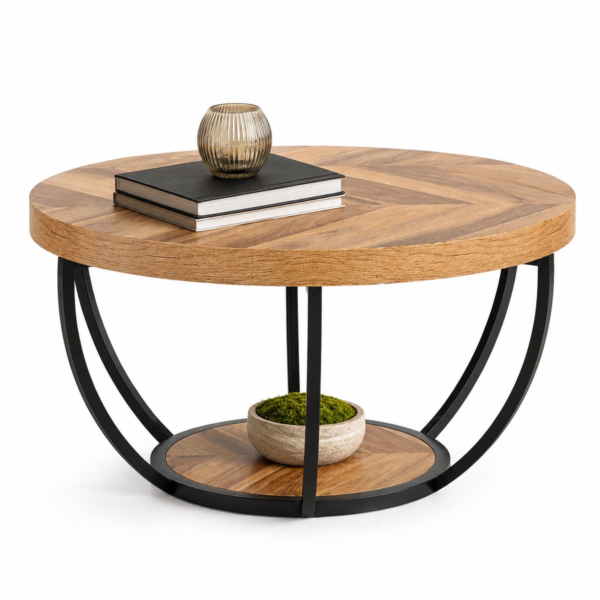 DMG Supply Ronde Salontafel 80 cm - 2 Lagen met Opbergplank - Industrieel - Bruin/Zwart