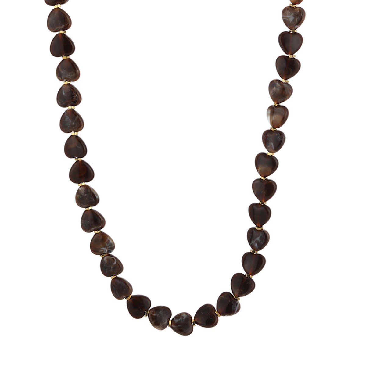 Heart Shaped Stone Bead Necklace – Kralen Ketting – RVS - Bruin