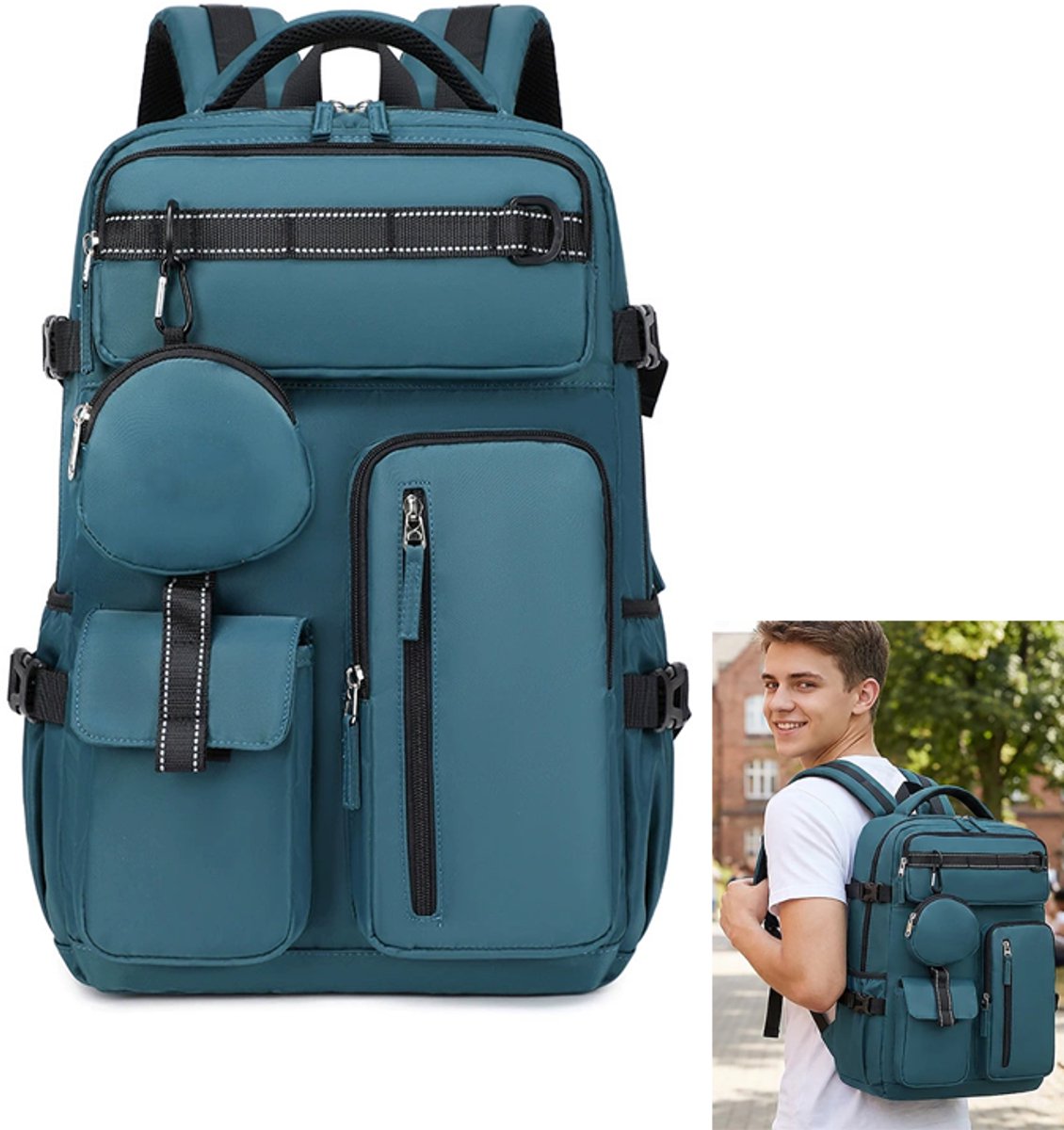 KZQ Grote studenten rugzak met schoenenvak en laptopcompartiment - 15.6 inch schooltas met meerdere vakken en muntenzakje - Pauwgroen