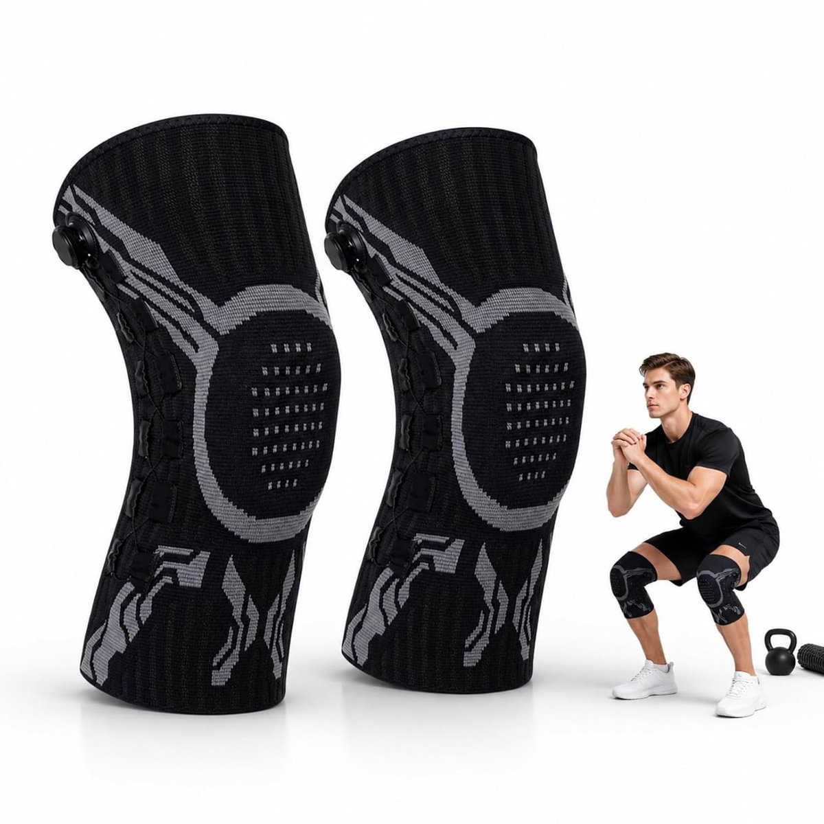 Kniebrace – Sportkniebandage – 3D-compressie – Stabiele ondersteuning – Antislipontwerp; geschikt voor sport, hardlopen, fitness en dagelijks gebruik – Zwart (set van 2, maat)