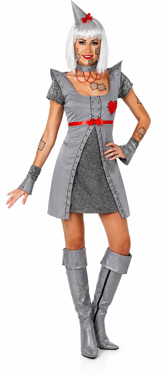 Tinnen Mannetje Kostuum Dames – 4-Delig – Jurk met Hoed, Choker & Polsbanden – Sprookjes Verkleedkleding – Carnaval & Themafeest- XS-S
