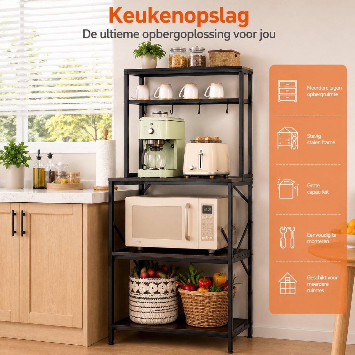 Parasha Nova Keukenkast - Opbergkast -Opbergplank - grote capaciteit - 8 haken, in hoogte verstelbaar - geschikt voor keuken, 53x36x125,5 cm