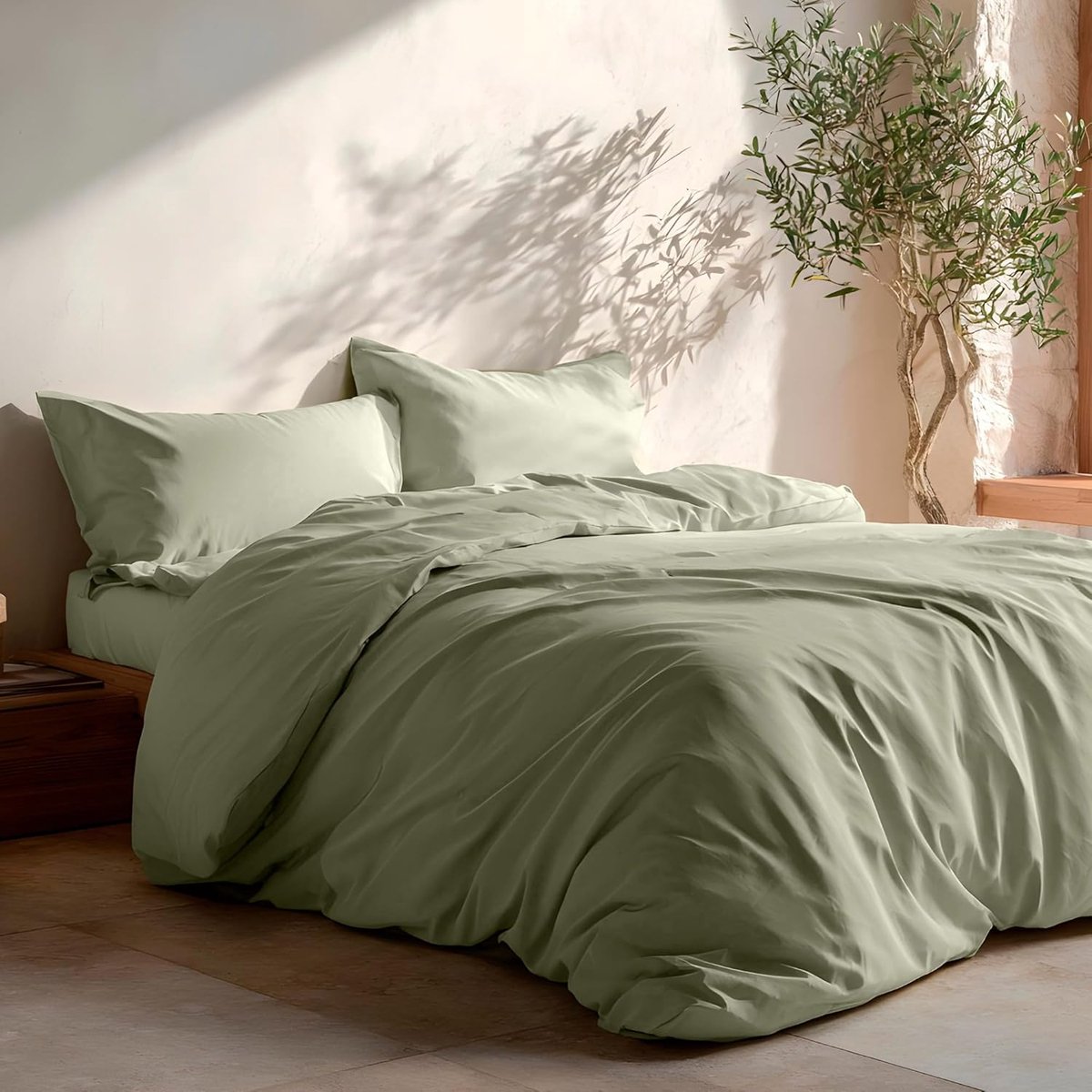 Beddengoedset, 135/140, effen, 100% katoen, dekbedovertrek 220 x 220 cm en 2 kussenslopen, ademend, zacht, kleur groen