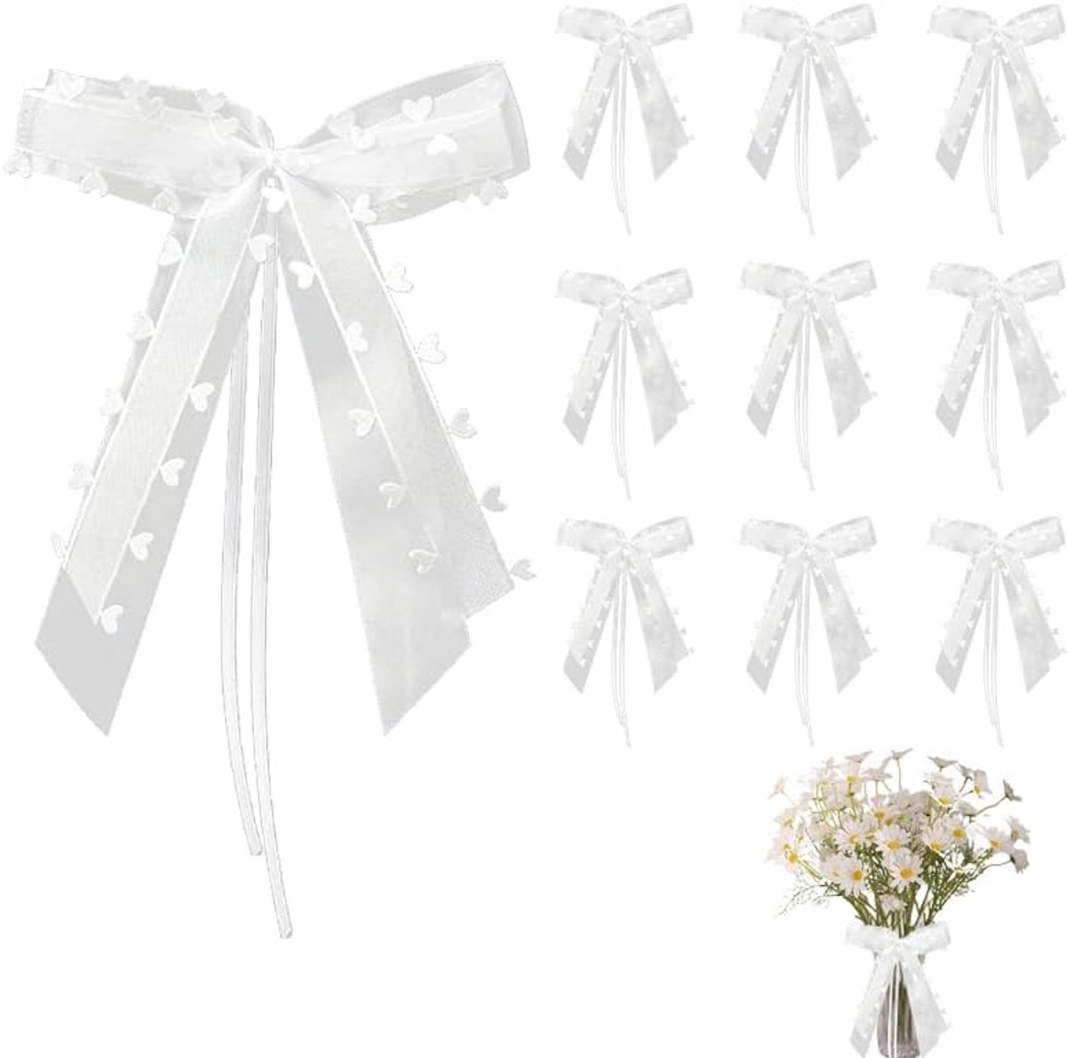 Strikken, bruiloftsdecoratie, lint met kant en hartjes, 10 stuks, autodecoratie voor bruidsauto, geschenkverpakking, tafeldecoratie, bruiloftsfeest, verjaardag, Kerstmis, doe-het-zelf